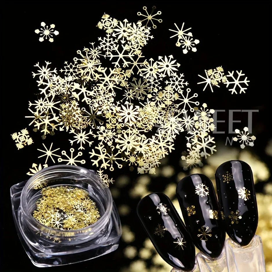 Accessoires pour Ongles et bijoux Flocons de Neige 3D | Paillettes & Métal Doré - Décoration Noël Manucure DIY - RukaCraft