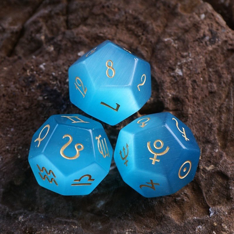 Aqua Blue Cat's Eye Stone Astrological Dice Set Of 3 Planets - RukaCraft