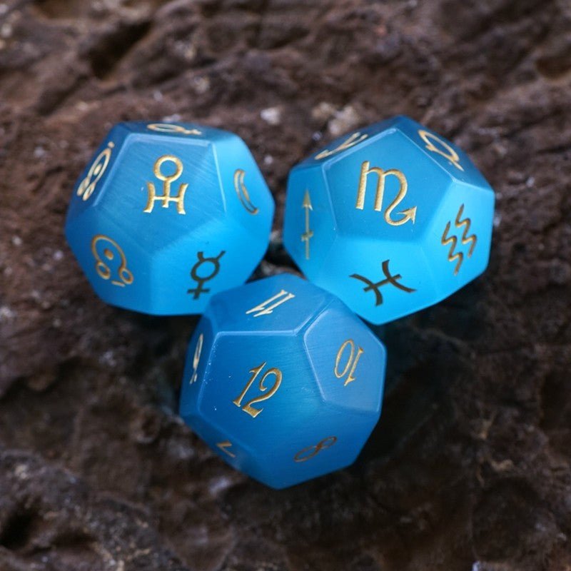 Aqua Blue Cat's Eye Stone Astrological Dice Set Of 3 Planets - RukaCraft