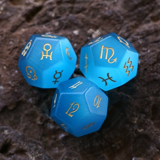 Aqua Blue Cat's Eye Stone Astrological Dice Set Of 3 Planets - RukaCraft