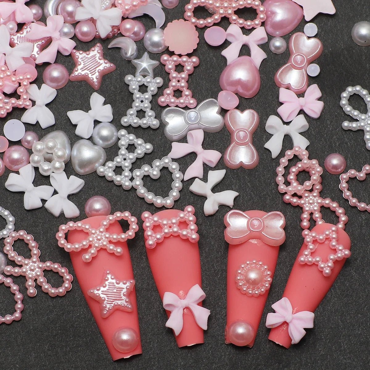 Boîte d'Accessoires pour Ongles 3D | Charmes en Résine Coeurs, Nœuds, Étoiles - Décoration Manucure - RukaCraft