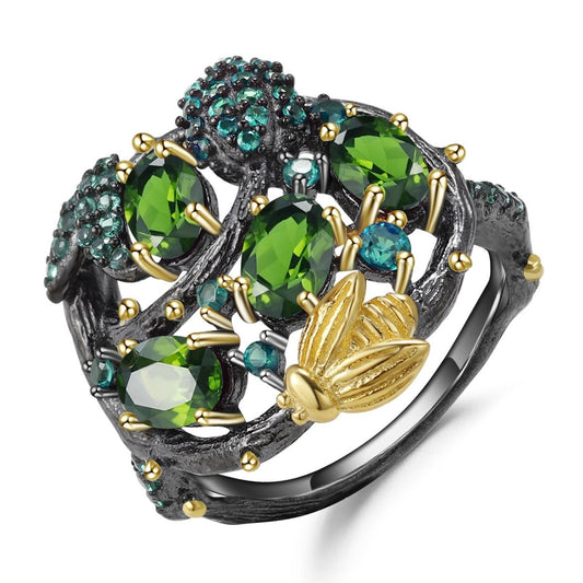 Handmade Designer Natural Chrome Diopside Tassel 925 Silver Ring - RukaCraft