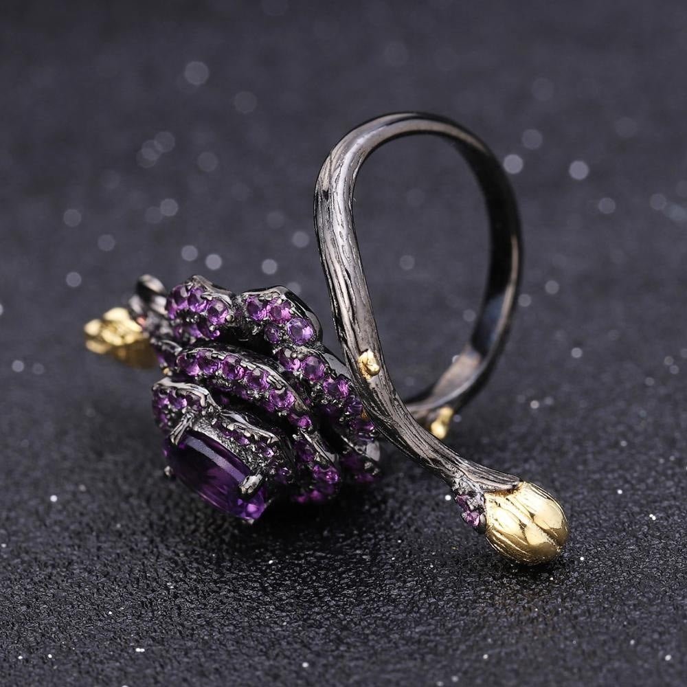 Handmade Silver Amethyst Rose Garland Adjustable Ring - RukaCraft