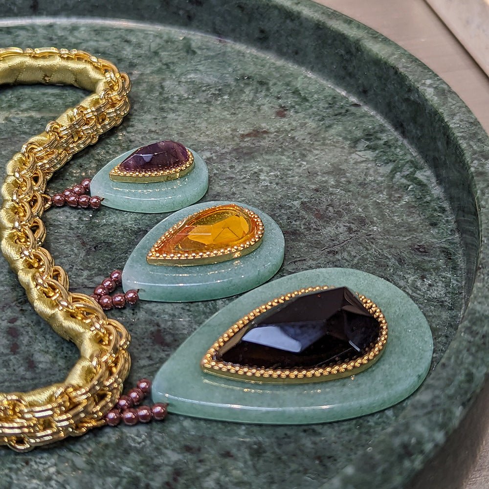 Heavy Industry Woven Cuban Thick Straps Natural Stone Water Drop Peacock Green Necklace - RukaCraft