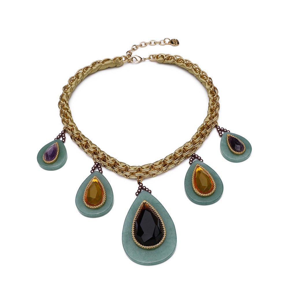 Heavy Industry Woven Cuban Thick Straps Natural Stone Water Drop Peacock Green Necklace - RukaCraft