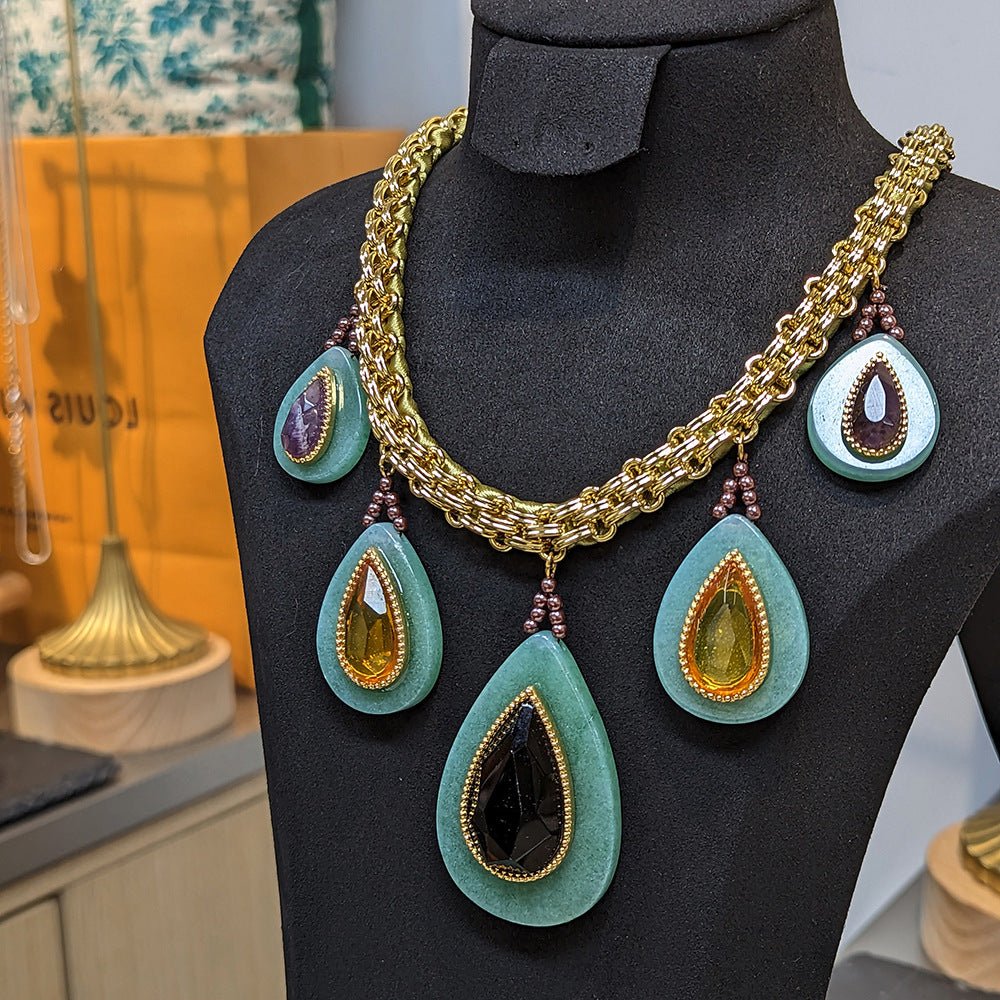 Heavy Industry Woven Cuban Thick Straps Natural Stone Water Drop Peacock Green Necklace - RukaCraft