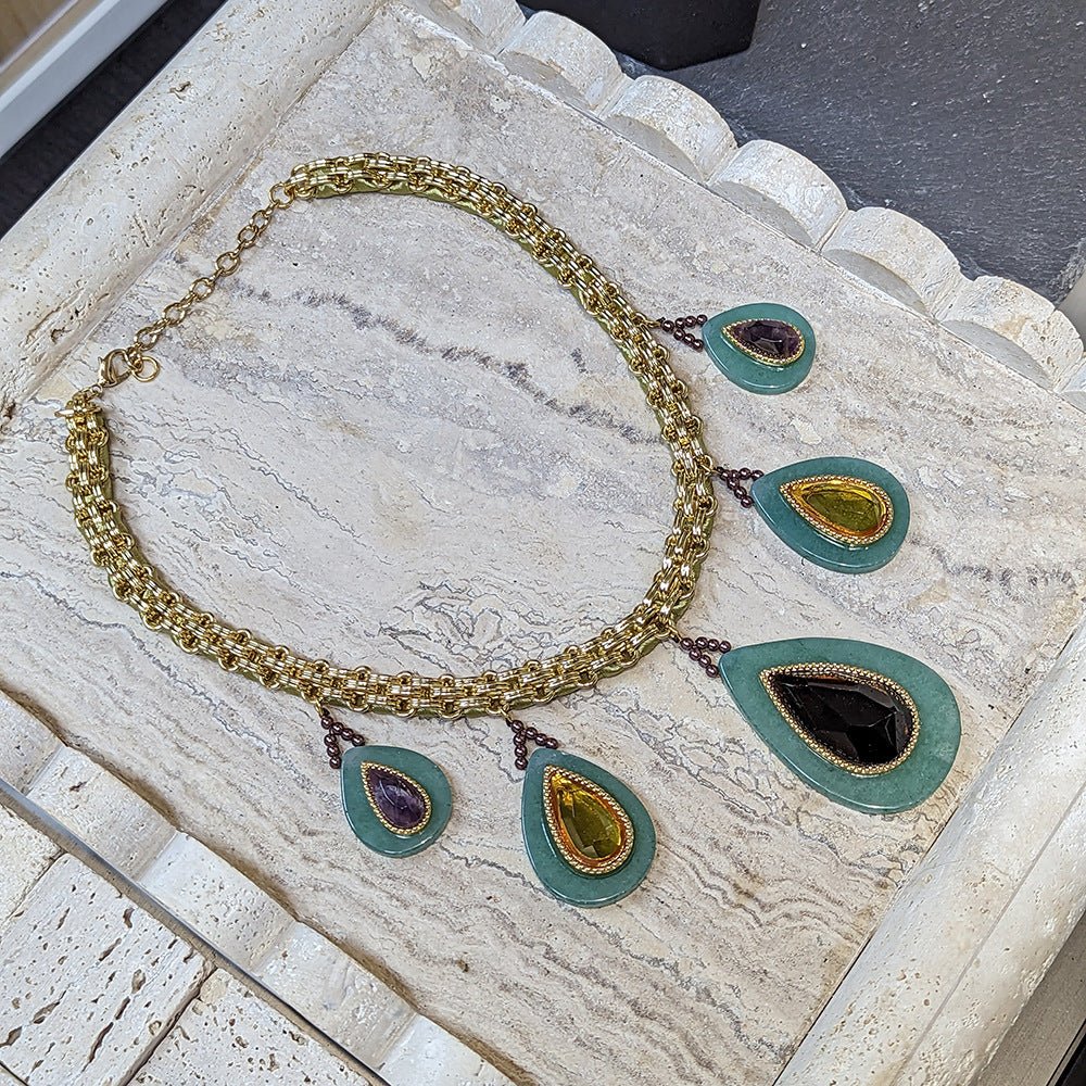 Heavy Industry Woven Cuban Thick Straps Natural Stone Water Drop Peacock Green Necklace - RukaCraft