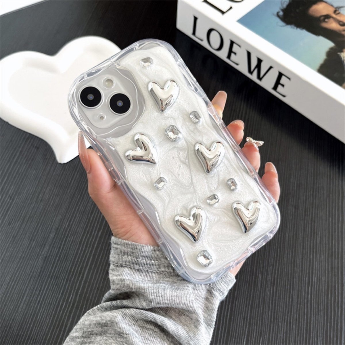 KAWAHIP Handcrafted DIY Items - Simple Stereo Glue Silver Love Gem Phone Case - RukaCraft