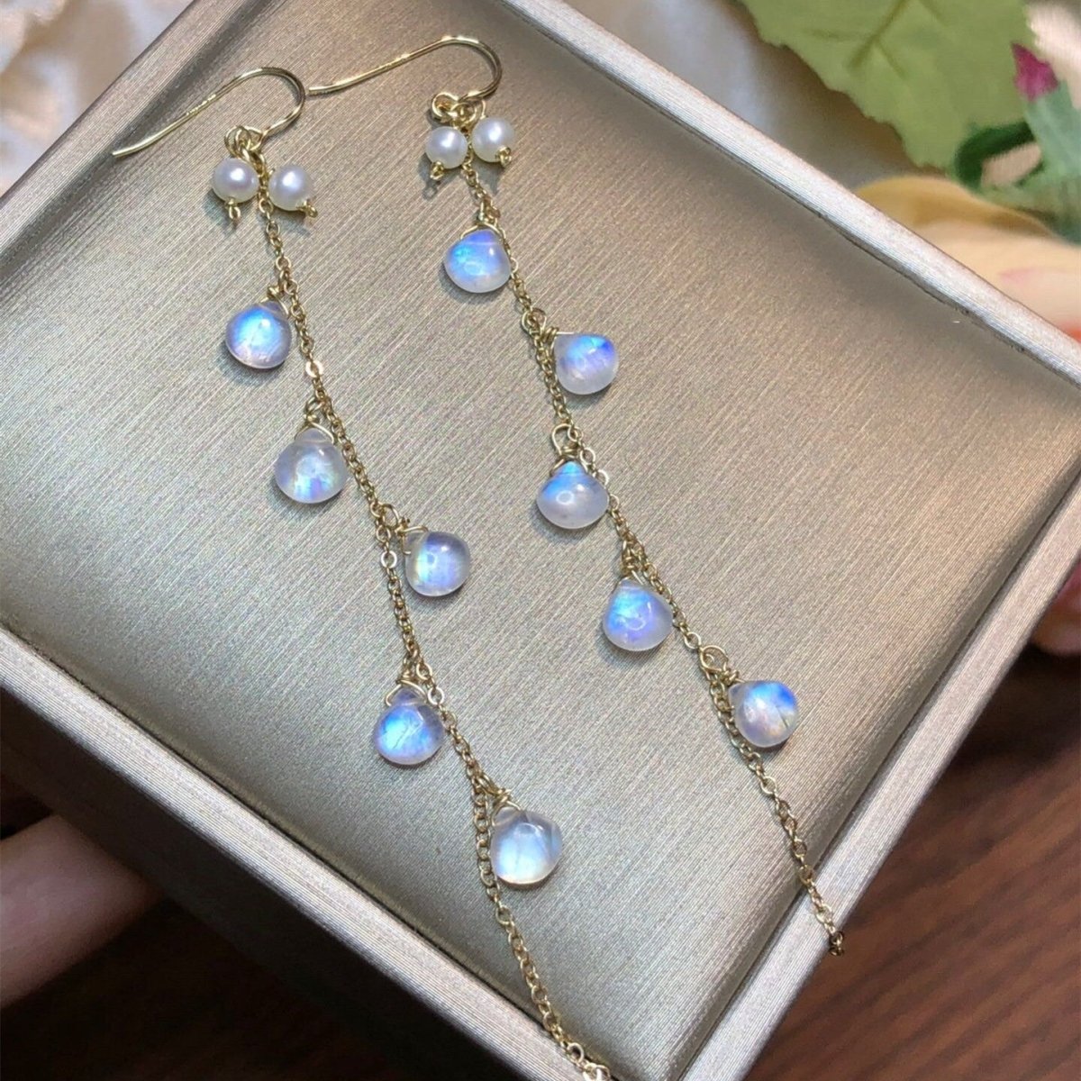 Moonlight Stone Wrapped Vintage Tassel 14k Earrings - RukaCraft