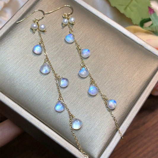 Moonlight Stone Wrapped Vintage Tassel 14k Earrings - RukaCraft