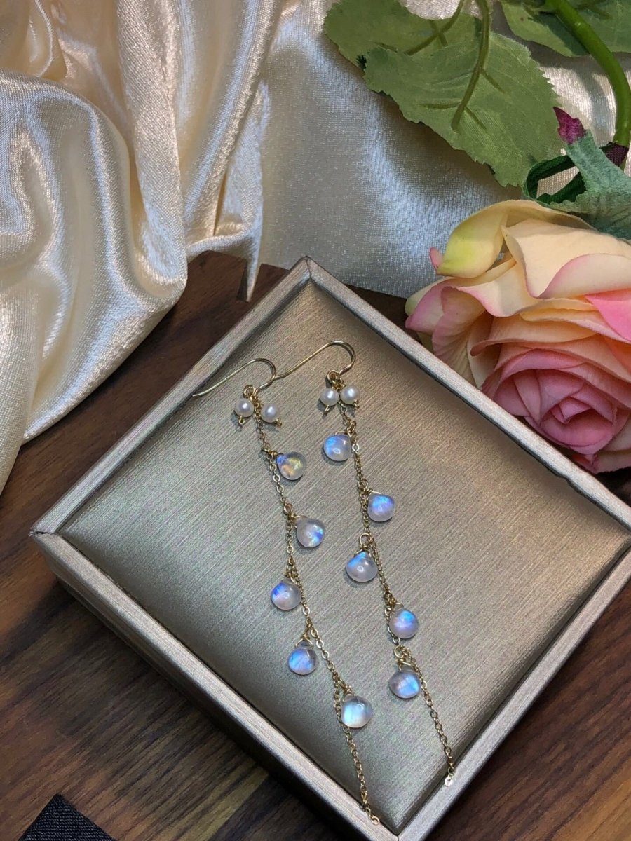 Moonlight Stone Wrapped Vintage Tassel 14k Earrings - RukaCraft