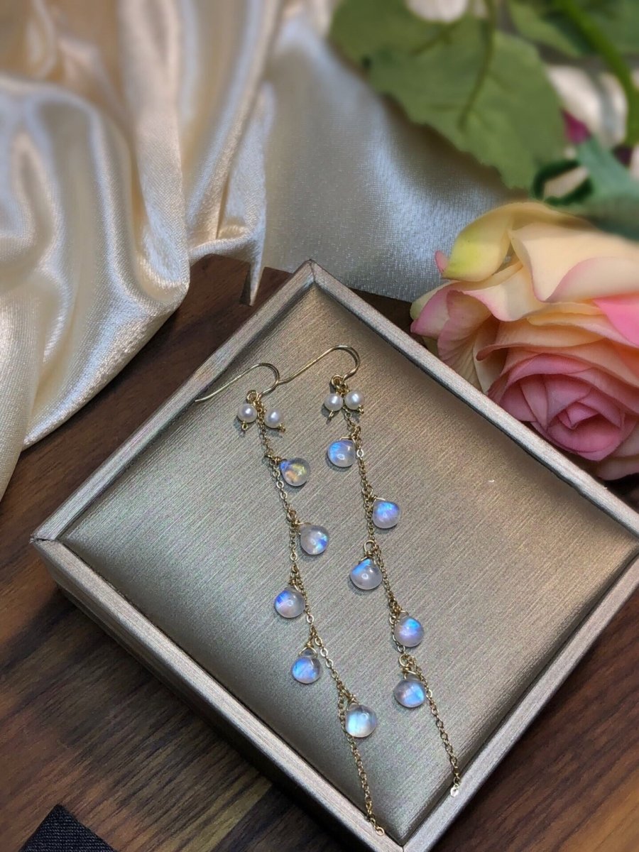 Moonlight Stone Wrapped Vintage Tassel 14k Earrings - RukaCraft