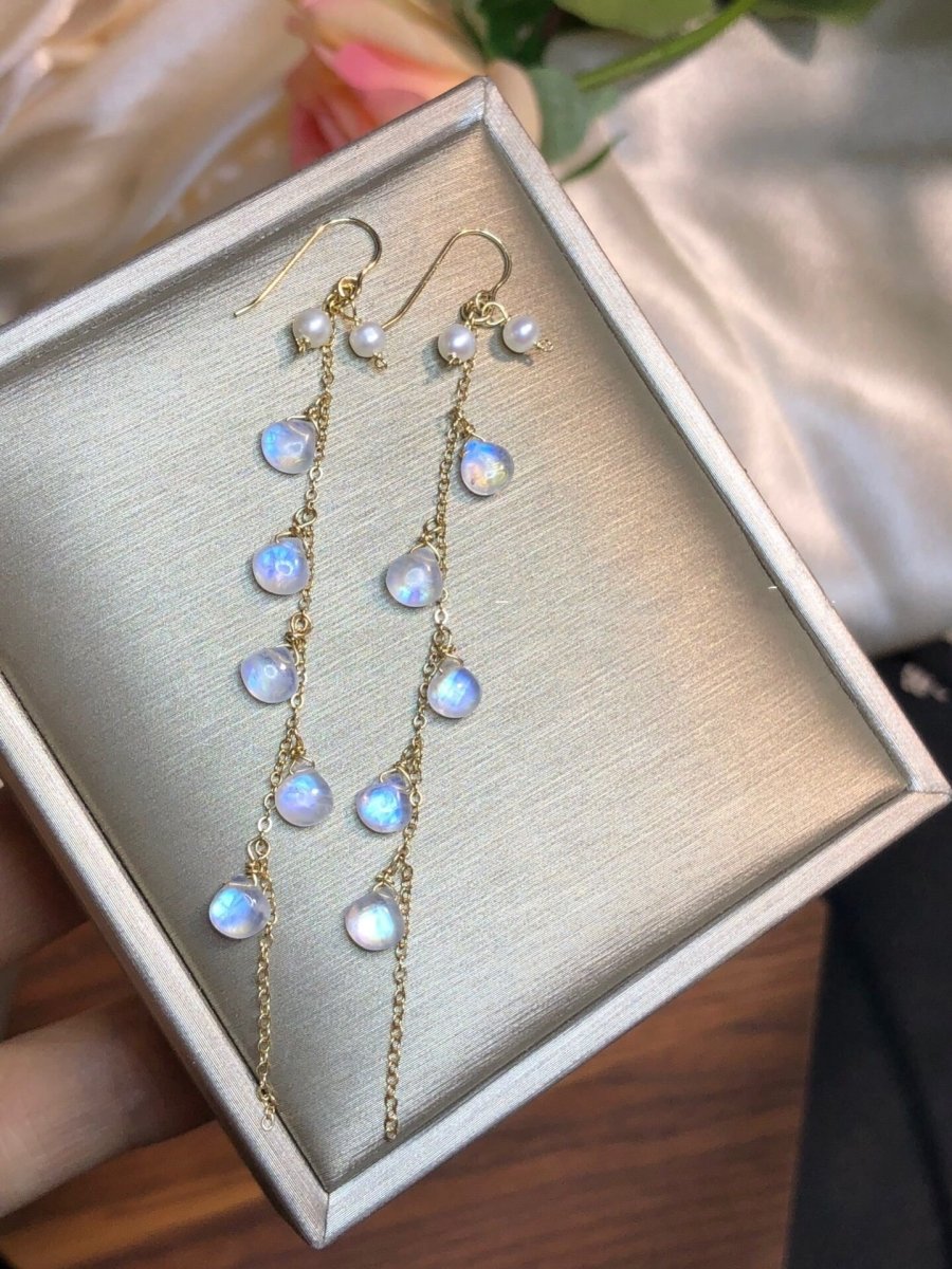 Moonlight Stone Wrapped Vintage Tassel 14k Earrings - RukaCraft