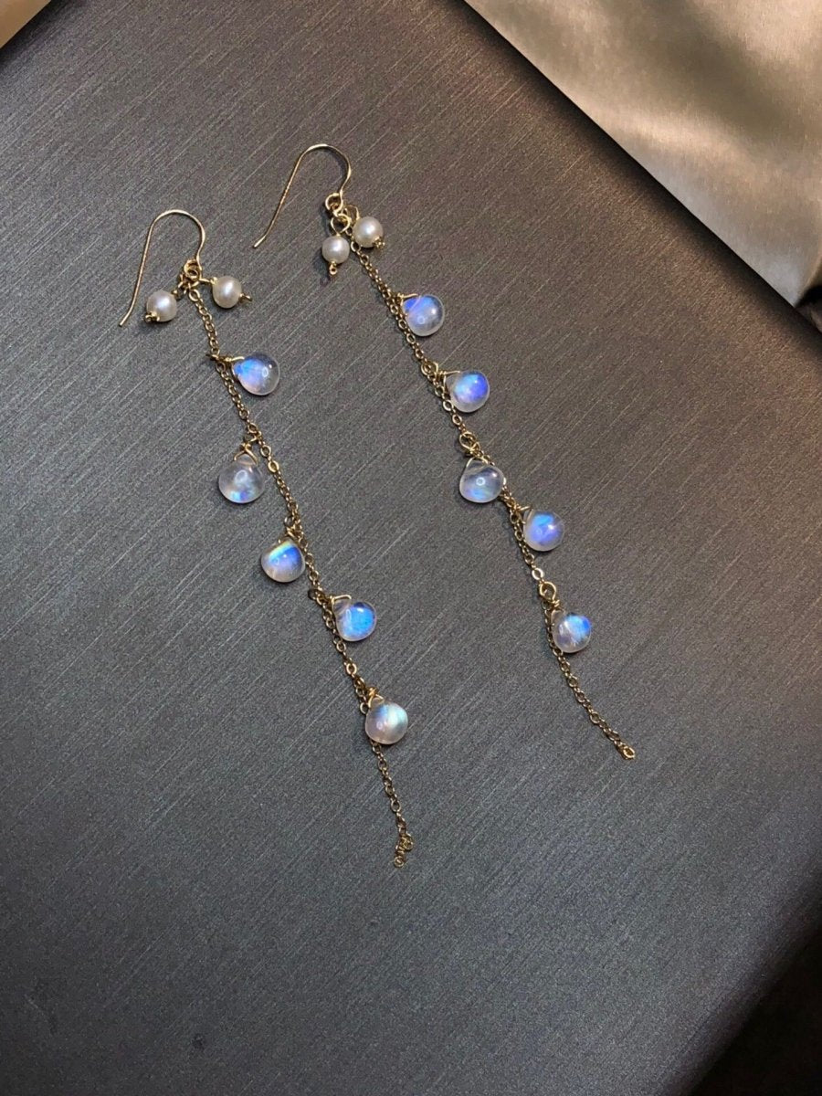 Moonlight Stone Wrapped Vintage Tassel 14k Earrings - RukaCraft