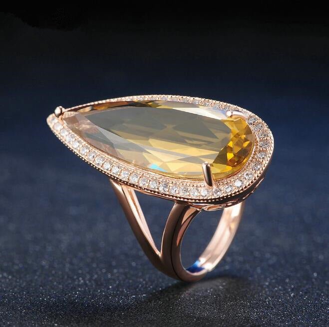 Natural citrine stone luxury waterdrop 925 sterling silver ring fine jewelry for women rose - RukaCraft