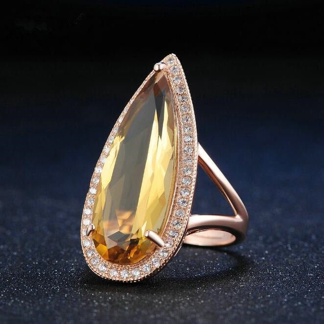 Natural citrine stone luxury waterdrop 925 sterling silver ring fine jewelry for women rose - RukaCraft
