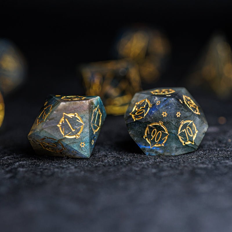 🌟 Natural Labradorite Geometric Dice Set — Where Cosmic Energy Meets Tabletop Magic 🌟 - RukaCraft