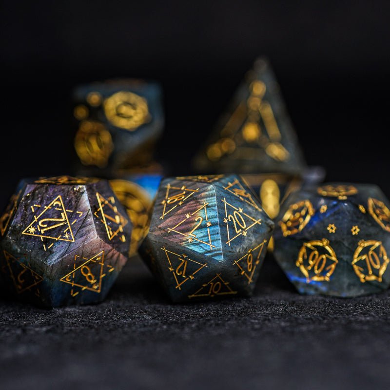 🌟 Natural Labradorite Geometric Dice Set — Where Cosmic Energy Meets Tabletop Magic 🌟 - RukaCraft