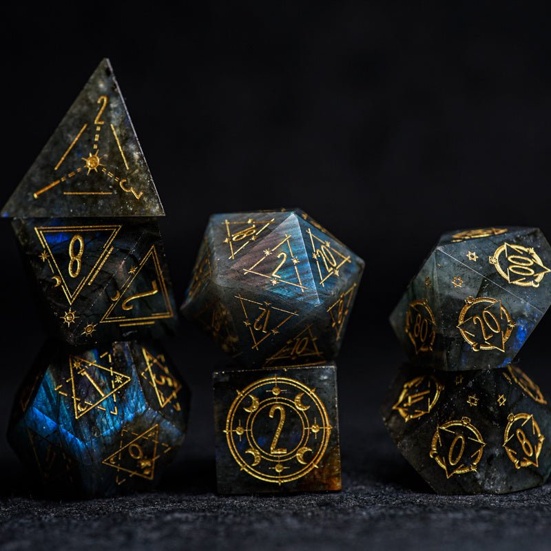 🌟 Natural Labradorite Geometric Dice Set — Where Cosmic Energy Meets Tabletop Magic 🌟 - RukaCraft
