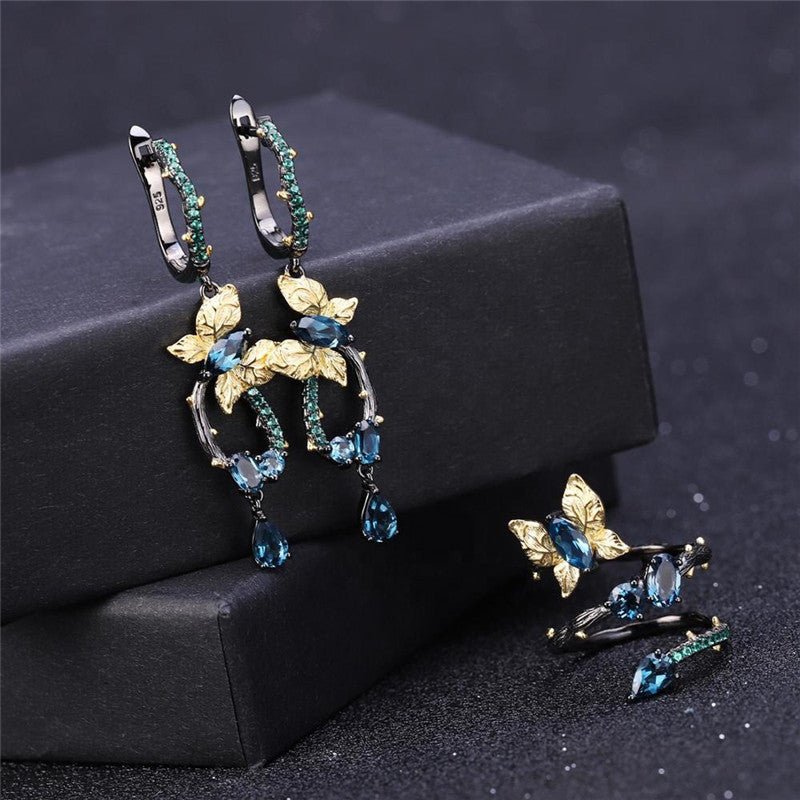 Natural London Blue Topa Earrings 925 Silver Handmade Butterfly Fashion Long Earrings - RukaCraft