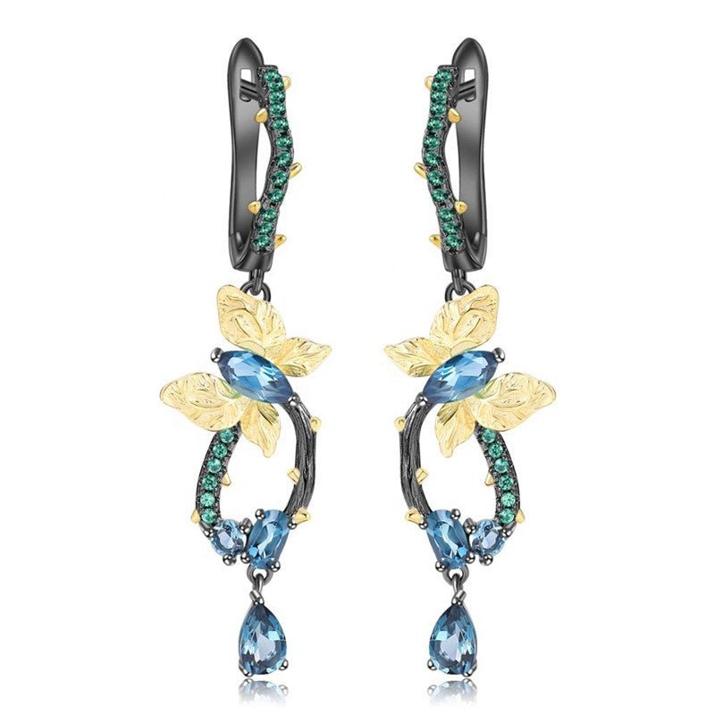 Natural London Blue Topa Earrings 925 Silver Handmade Butterfly Fashion Long Earrings - RukaCraft