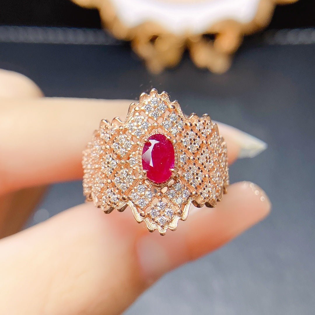 S925 Silver Natural Burnt Ruby Main Stone 4x6 Ring - RukaCraft