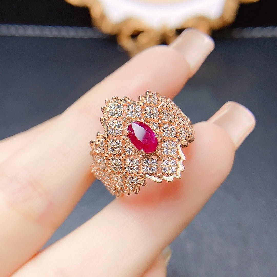 S925 Silver Natural Burnt Ruby Main Stone 4x6 Ring - RukaCraft