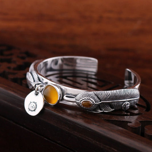 S925 Sterling Thai Handmade Silver Vintage Feather Topaz Bracelet - RukaCraft