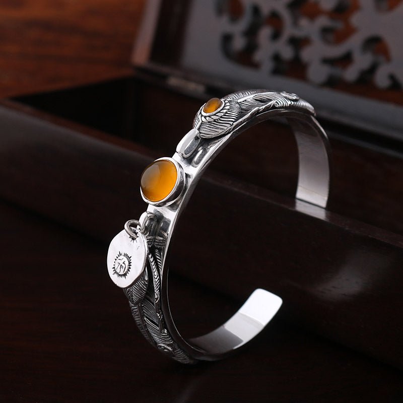 S925 Sterling Thai Handmade Silver Vintage Feather Topaz Bracelet - RukaCraft
