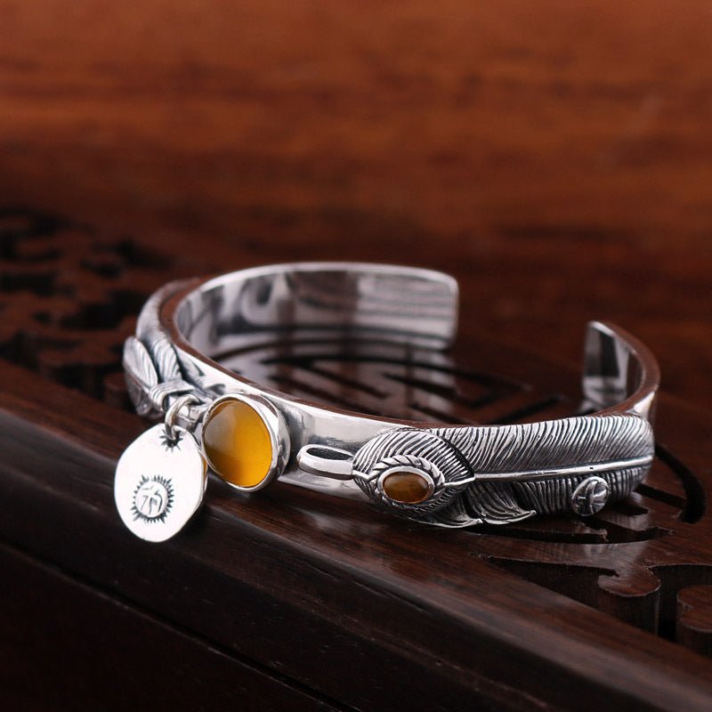 S925 Sterling Thai Handmade Silver Vintage Feather Topaz Bracelet - RukaCraft