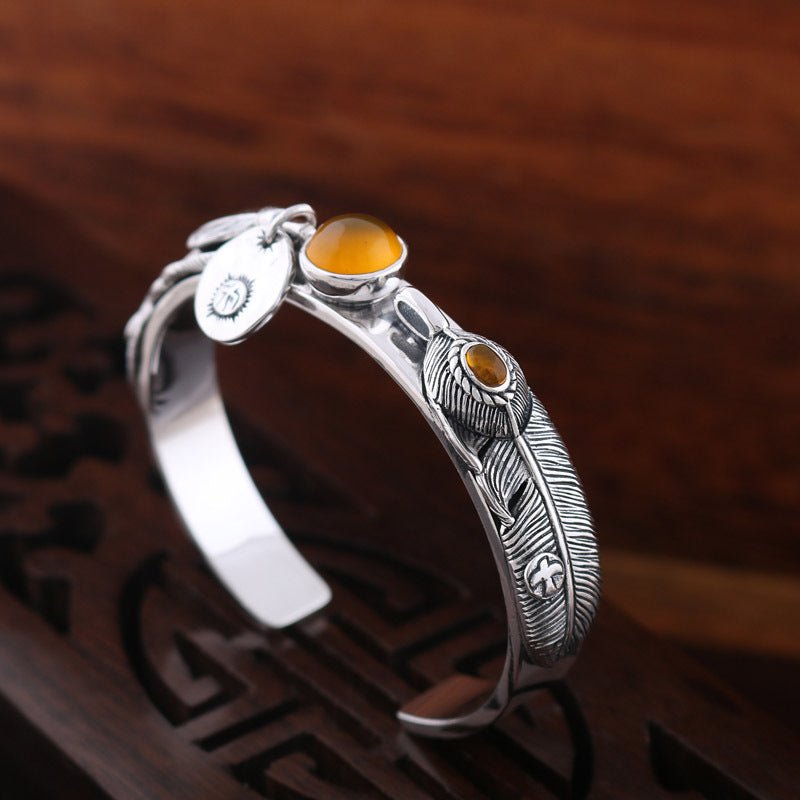 S925 Sterling Thai Handmade Silver Vintage Feather Topaz Bracelet - RukaCraft