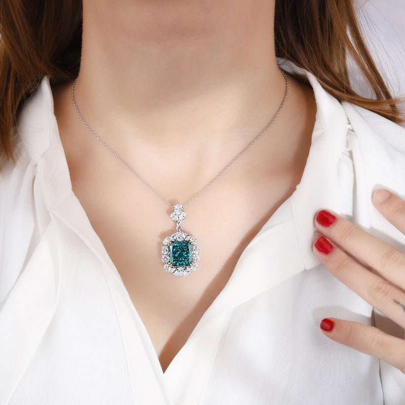 S925 Whole Body Silver Simulation Colored Gems High Carbon Diamond Ledean Cutting Square Pendant Stone - RukaCraft