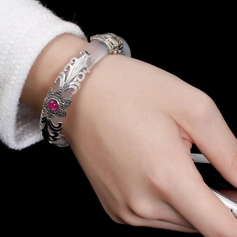 🌟 Sterling Silver Mosaic Stone Inlay Bracelet — Vintage Elegance, Crystal Harmony 🌟 - RukaCraft