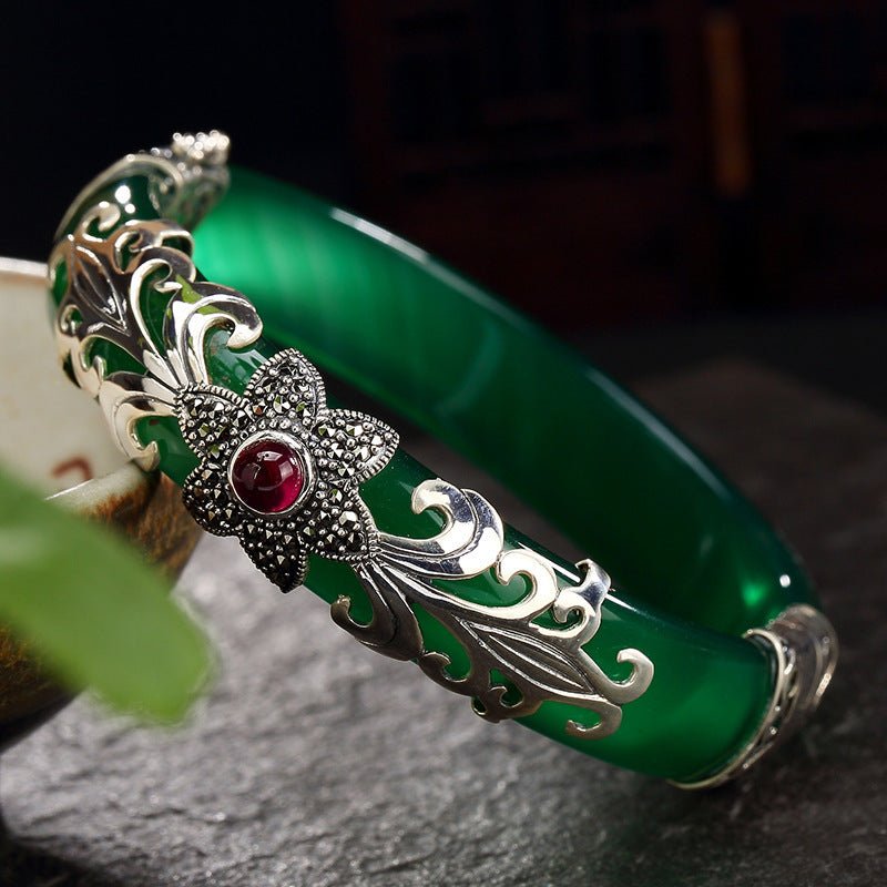 🌟 Sterling Silver Mosaic Stone Inlay Bracelet — Vintage Elegance, Crystal Harmony 🌟 - RukaCraft