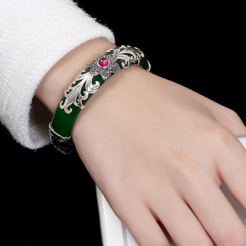 🌟 Sterling Silver Mosaic Stone Inlay Bracelet — Vintage Elegance, Crystal Harmony 🌟 - RukaCraft