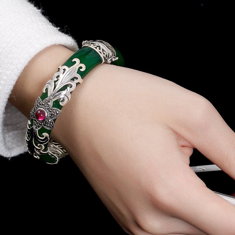 🌟 Sterling Silver Mosaic Stone Inlay Bracelet — Vintage Elegance, Crystal Harmony 🌟 - RukaCraft