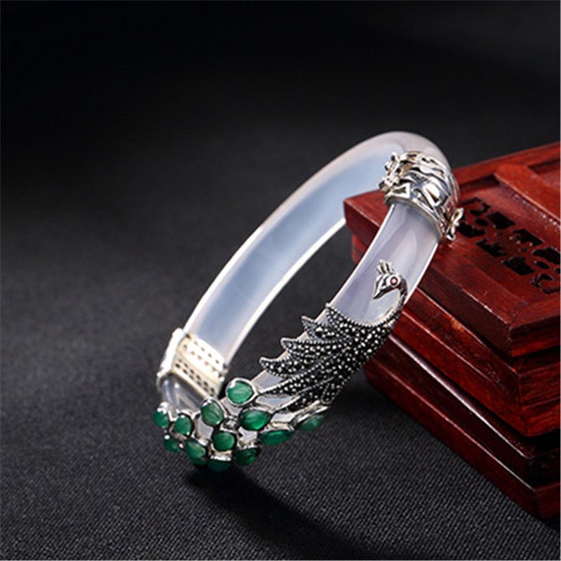 Vintage Women's Sterling Silver Bracelet Handmade Silver Bracelet With Natural White Chalcedony - RukaCraft